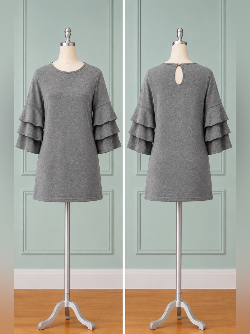SIMPLY SOUTHERN—M, Lt. Gray Dress/Tunic w/ Tiered 3/4 Length Bell Sleeves